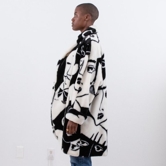 Vintage 80s L Faux Fur Faces Print Wrap Midi Coat - Picture 6 of 16